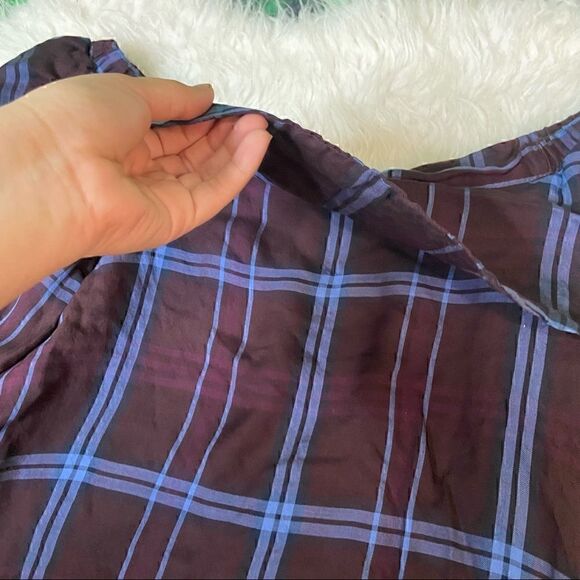 Loft purple plaid casual off the shoulder ruffled sleeves top blouse S - Picture 4 of 15